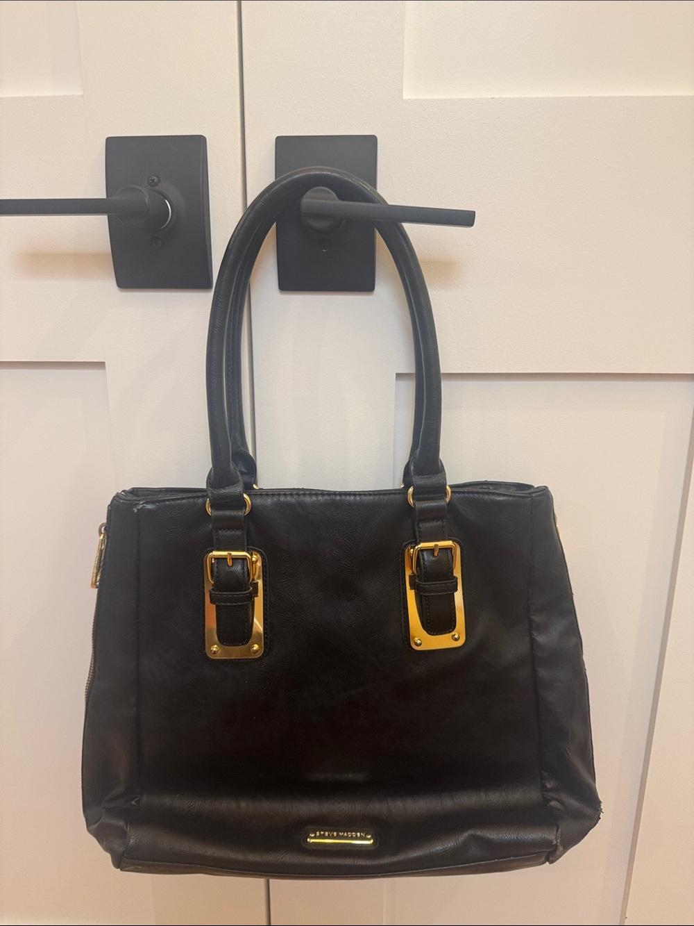 Steve Madden Black Leather Satchel Handbag with Gold Hardware